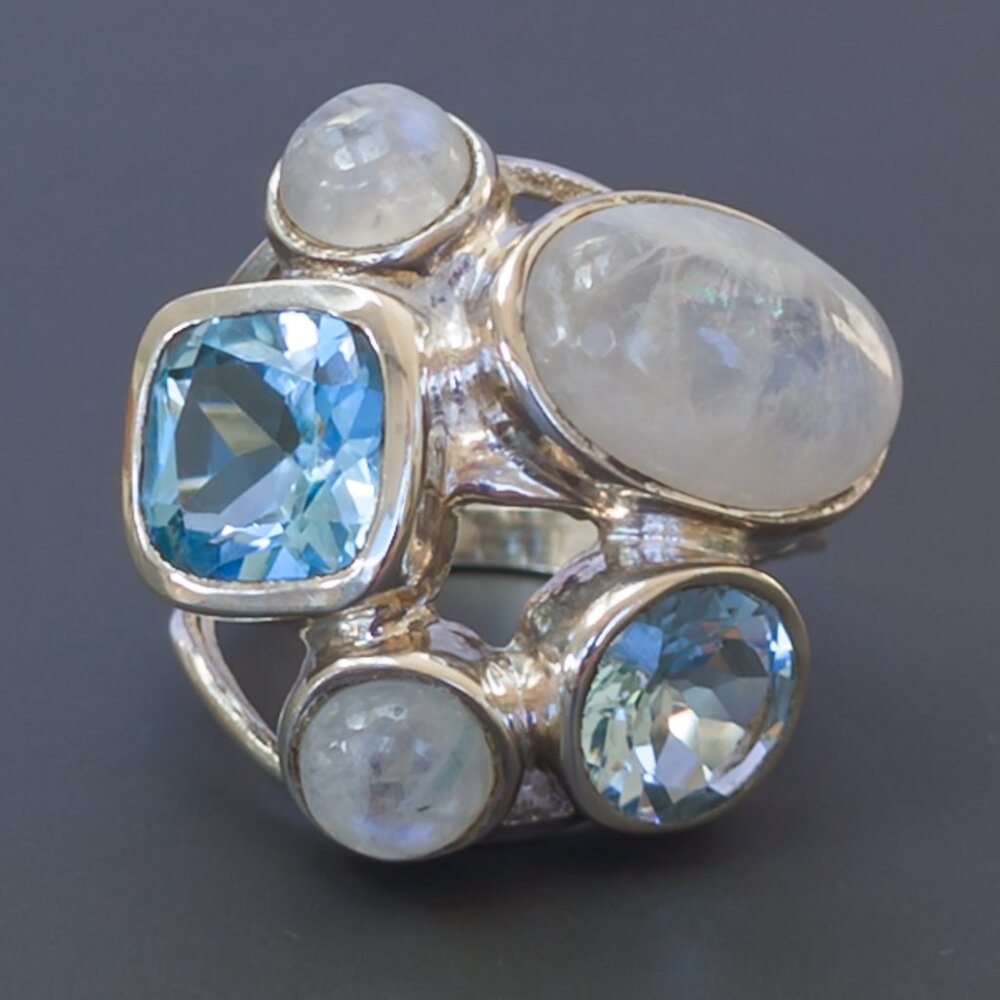925 Sterling Moonstone + Blue Topaz Cluster Ring, Size 6 (25mm face)